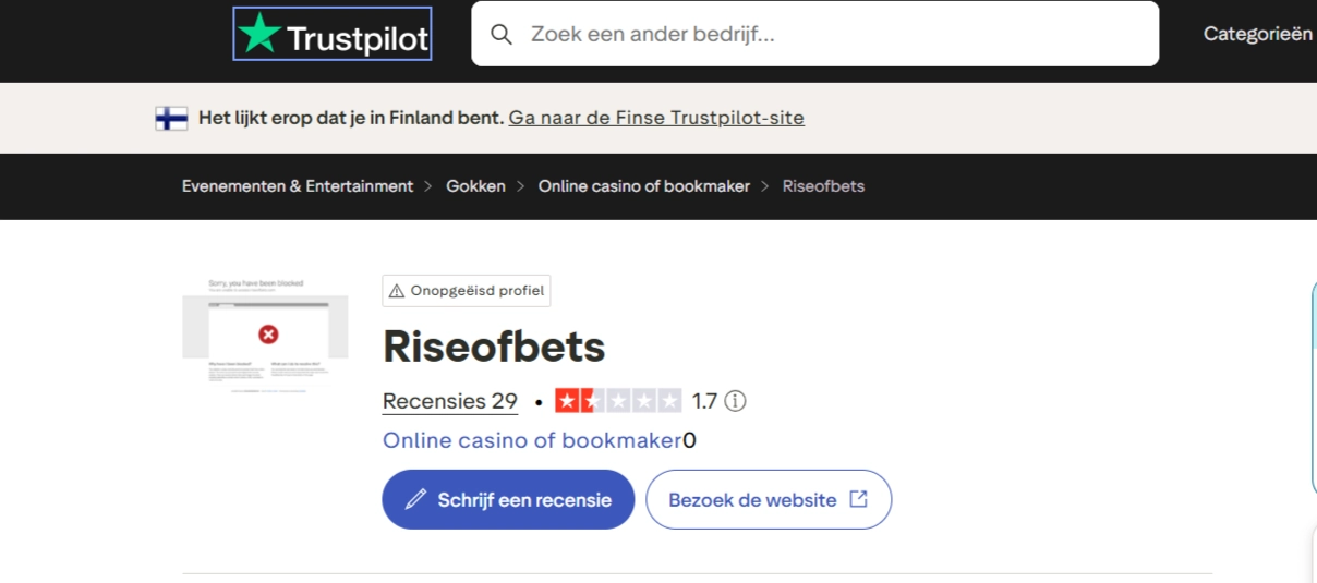 Trustpilot-profiel van RiseOfBets met actuele reviewscore en verdeling