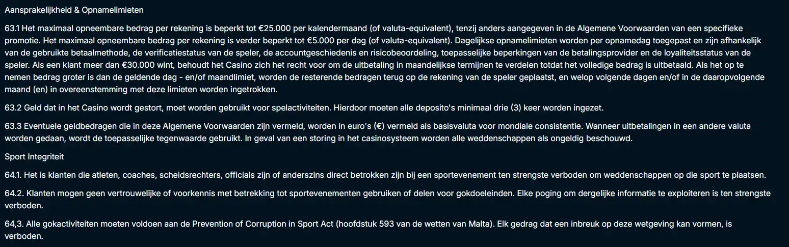 RiseOfBets-voorwaarden met regels over opnames, limieten en verificatie