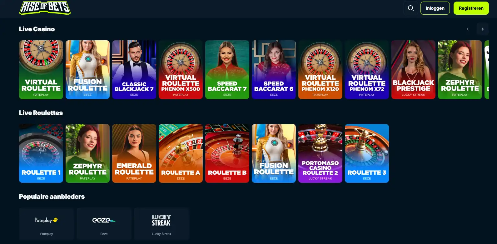 Officiële RiseOfBets live-casinolobby met categorieën