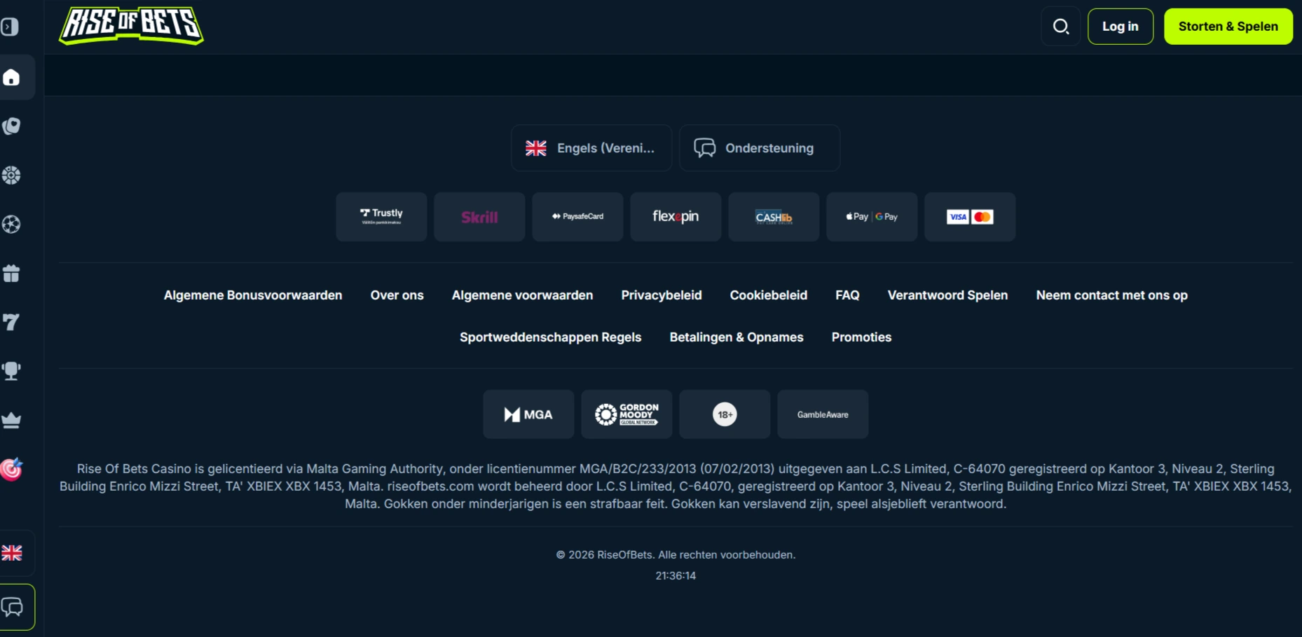 Officiële RiseOfBets-homepage met navigatie en licentie-informatie